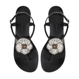 Giuseppe Zanotti Hollie black T-Strap Sandals with Flower ornate Detail